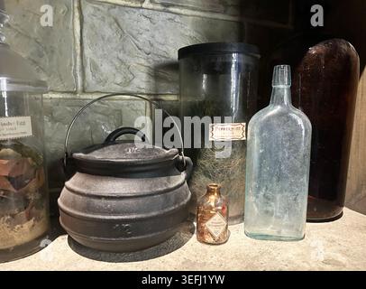 Ripiano per farmacie vintage con bottiglie in vetro polveroso, contenitori per pozioni, erbe aromatiche e calderone in ghisa in un ambiente dark fantasy. Rustico medievale. Foto Stock