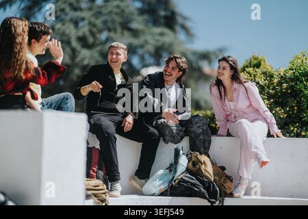 Gli amici di scuola seduti sul muro del campus ridono e chiacchierano in una giornata di sole Foto Stock
