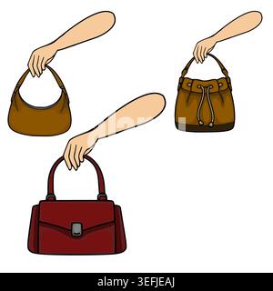 Set di tre eleganti illustrazioni vettoriali di mani che tengono diverse borse in pelle in marrone e rosso, isolate su bianco. Illustrazione Vettoriale