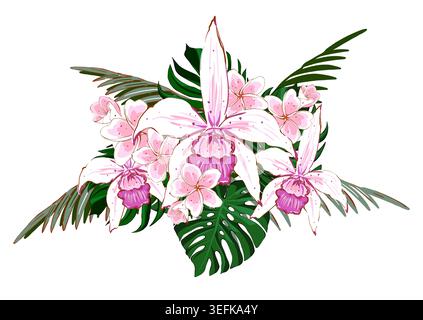 Elegante bouquet di orchidee rosa e bianche e foglie tropicali. Composizione floreale disegnata a mano per inviti di nozze, biglietti d'auguri e tessuti. ISO Foto Stock