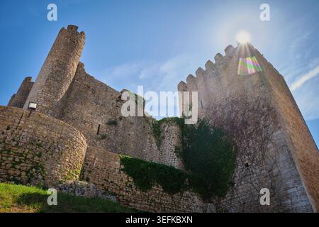 Vista dal basso angolo del castello di Obidos a Obidos, Portogallo, con enormi torri in pietra, pareti coperte di edera e bagliore del sole sopra le merlature. Foto Stock