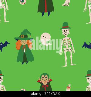 Ghost Halloween motivo senza cuciture con personaggi carini elementi spettrali design della collezione di illustrazioni Illustrazione Vettoriale