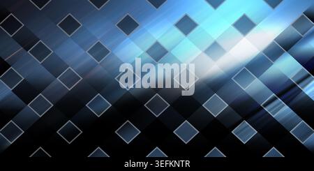 Questa immagine presenta uno sfondo astratto dinamico con un motivo di quadrati in tonalità blu e nero, sovrapposti a un effetto luminoso che aggiunge profondità Foto Stock