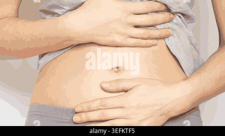 Una donna che tiene lo stomaco con le mani per argomenti su dolore addominale, crampi, problemi digestivi, dolore mestruale, gonfiore, e sintomi di stomaco Illustrazione Vettoriale