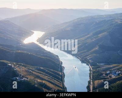 Vista aerea di una barca turistica che si muove lungo il fiume Douro tra le colline ricoperte di vigneti nella valle del Douro, Portogallo. Foto Stock