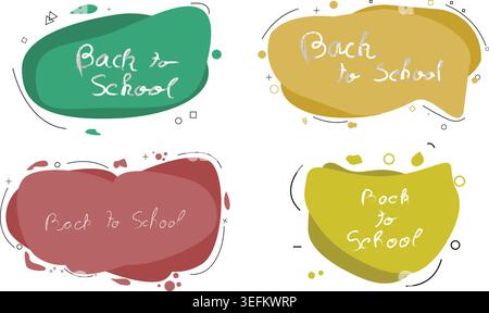 Quattro distinti striscioni astratti, tonalità di tè, presentano la frase "Back to School" in una scritta a mano, adornata con piccole forme geometriche e punti Illustrazione Vettoriale