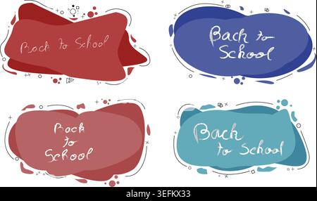 Quattro distinti striscioni astratti, tonalità di tè, presentano la frase "Back to School" in una scritta a mano, adornata con piccole forme geometriche e punti Illustrazione Vettoriale