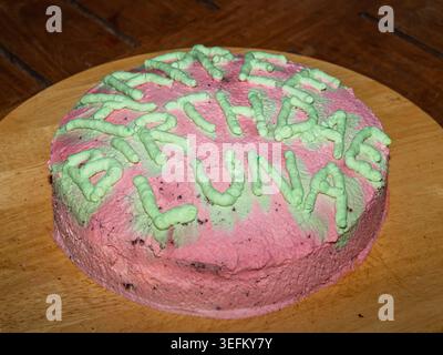 Torta di compleanno smerigliata rosa fatta in casa con lettere verdi di glassa che spezzano il compleanno Luna su una tavola di legno per una festa per bambini con un fascino rustico fatto a mano. Foto Stock