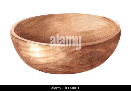 Ciotola di legno. Illustrazione originale ad acquerello disegnata a mano isolata su sfondo bianco Foto Stock