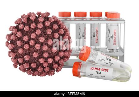 Provette per test di laboratorio per hantavirus in un rack da laboratorio con particelle di virus, 3D Rendering isolato su sfondo bianco Foto Stock