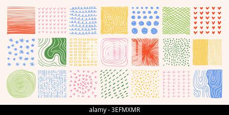 Sfondi quadrati astratti disegnati a mano impostazione di motivi semplici. Macchie, gocce tratti di pennello curve del pastello linee tracciate forme circolari. Motivi ornamentali per poster, modelli colorati dei social media Illustrazione Vettoriale