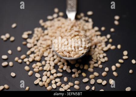 Split Urad dal in Spoon, Macro cibo Angled Top View su sfondi scuri defocati con illuminazione spettacolare Foto Stock