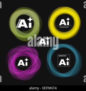 Una raccolta di etichette generate dall'intelligenza artificiale con cerchi colorati al neon. Ogni logo ai mette in evidenza la potenza dell'intelligenza artificiale attraverso il design moderno Illustrazione Vettoriale