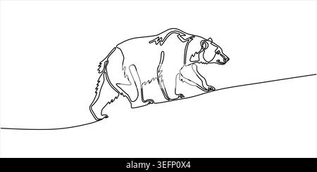 Disegno continuo di grizzly che cammina predatore orso, illustrazione minimalista di un vettore d'arte a linea singola in bianco e nero di un animale selvatico della foresta. Illustrazione Vettoriale