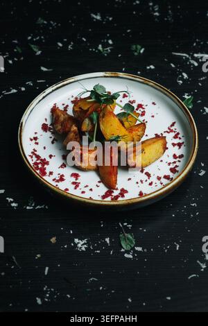 Piatto di patate tostate deliziosamente croccanti su un piatto rustico in ceramica Foto Stock