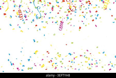 Coriandoli colorati e rastrelli ricciolati si sovrappongono su uno sfondo bianco luminoso, evocando festeggiamenti, gioia e un'atmosfera festosa ideale per striscioni Illustrazione Vettoriale
