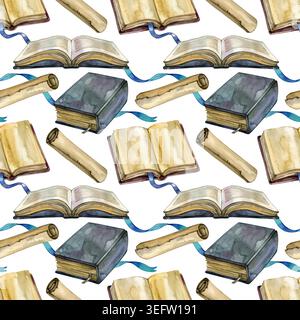 Motivo ad acquerello senza cuciture con libri aperti vintage, rotoli antichi e nastri di seta blu. Elementi di libreria disegnati a mano con trame di carta obsolete Foto Stock