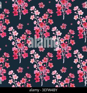 Elegante motivo ad acquerello senza cuciture con rami in fiore di ciliegio con vivaci fiori rosa e rosso. Illustrazione botanica disegnata a mano Foto Stock