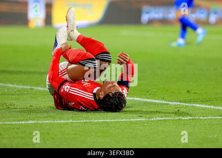 Lisbona, Portogallo. 16 maggio 2026. L'Estadio Antonio Coimbra da Mota Richard Rios della SL Benfica si è infortunato durante la partita di Primeira Liga tra GD Estoril Praia e SL Benfica all'Estadio Antonio Coimbra da Mota il 16 maggio 2026 a Estoril, Portogallo. Liga Portugal Betclic - GD Estoril Praia vs SL Benfica (Valter Gouveia/SPP) credito: SPP Sport Press Photo. /Alamy Live News Foto Stock
