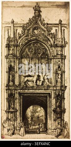 Porta dei Dogi, Venezia di Donald Shaw MacLaughlan, 1909, raffigurante un arco gotico ornato con figure sedute in primo piano e dettagli architettonici caratteristici del design del palazzo veneziano Foto Stock