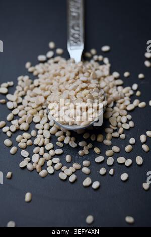 Split Urad dal in Spoon, Macro cibo Angled Top View su sfondi scuri defocati con illuminazione spettacolare Foto Stock