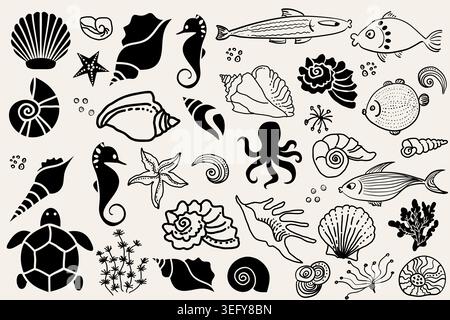 Set di fondo marino, conchiglie, alghe, pesci. Scarabocchi. Elementi decorativi fatti a mano. Illustrazione vettoriale Illustrazione Vettoriale