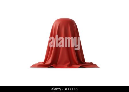 rendering 3d di un tessuto di presentazione rosso avvolto su un elemento sferico nascosto, con una superficie liscia e una vista frontale grandangolare. Foto Stock