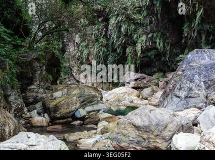 Torrente Sanzhanxi nella Gola di Taroko. Grandi massi di roccia riempiono il letto del fiume. La vegetazione lussureggiante copre le pareti del canyon. Foto Stock