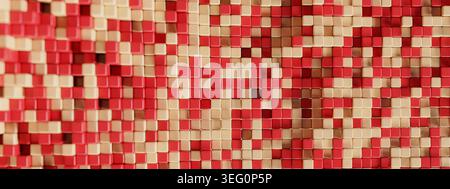 Ampia illustrazione 3DCG panoramica di blocchi cuboidali rossi e crema che formano una densa texture astratta a mosaico per il design di striscioni. Adatto per il des. Commerciale Foto Stock