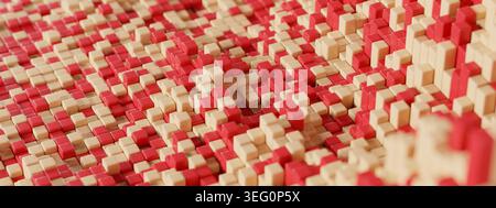 Ampia illustrazione 3DCG orizzontale di blocchi voxel rossi e crema con un pattern geometrico morbido e una profondità di campo ridotta. Adatto per applicazioni commerciali Foto Stock