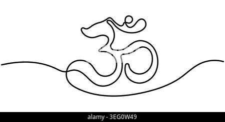 Disegno continuo del sacro simbolo indù om, illustrazione minimalista in bianco e nero a singola linea del vettore artistico di segno spirituale. Illustrazione Vettoriale