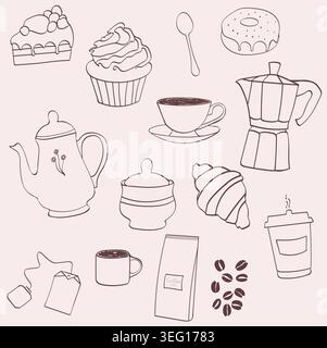Set di icone artistiche della linea temporale del caffè e del tè. Prodotti da forno e bevande calde. Illustrazione Vettoriale