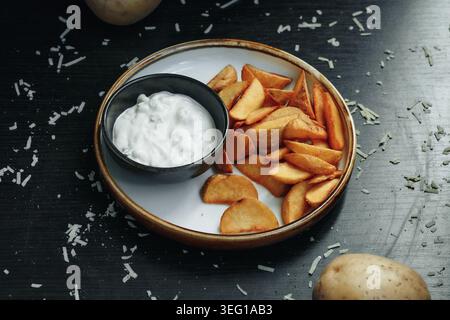 Piatto semplice con spicchi di patate condite e salsa Foto Stock