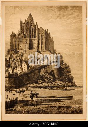 Mont Saint-Michel di Axel Herman Haig, 1882 anni, raffigurante l'iconica abbazia francese arroccata su un'isola rocciosa con maree, con figure e barche sulla spiaggia circostante Foto Stock