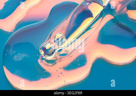 Primo piano del siero cosmetico con un contagocce di vetro, illuminato di rosa neon e blu. La consistenza liquida lucida con bolle crea una dermocosmesi moderna Foto Stock
