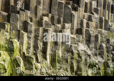 Colonne di basalto, pilastri naturali di roccia vulcanica indurita, famose per le loro forme geometriche, spesso esagonali coperte da muschio sulla Reynisfjara Foto Stock