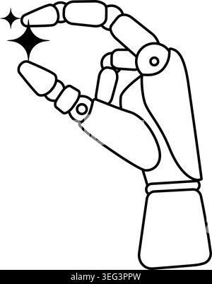 La struttura robotizzata a forma di mano regge piccole stelle a quattro punte o scintille tra le dita. Adatto per i concetti di creatività ai. Illustrazione Vettoriale