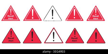 Icone di avvertenza triangolari rosse con punti esclamativi disposte in serie per rappresentare avvisi di richiamo, avvertenze di sicurezza, avvisi sui prodotti e situazioni di emergenza Illustrazione Vettoriale