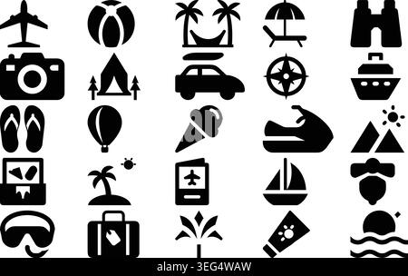 Set di icone per viaggi e vacanze estive – Black Solid Beach Holiday Tourism Vector Collection Illustrazione Vettoriale