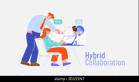 tre colleghi che collaborano al concetto di notebook, lavoro ibrido e lavoro a distanza, brainstorming di squadra scena illustrazione semi-piatta Illustrazione Vettoriale