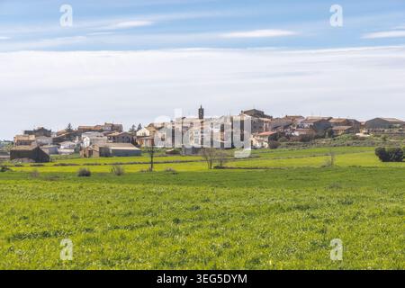 Un tranquillo paesaggio rurale caratterizzato dal pittoresco villaggio di Les Pallargues nel cuore della Catalogna. La scena presenta vivaci campi verdi e un Foto Stock
