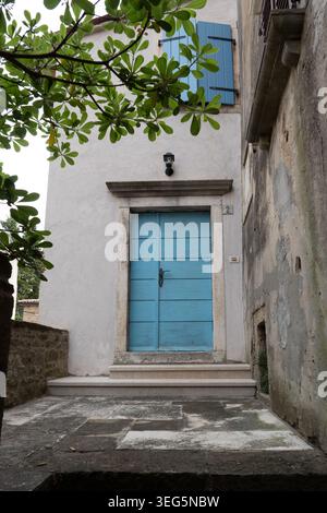 Casa rustica in pietra con porte in legno blu brillante e persiane incorniciate da rami verdi nel centro storico di Groznjan Grisignana. Groznjan, croato Foto Stock