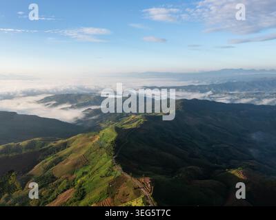Una vista panoramica di una strada a serpentina che attraversa vivaci colline verdi che si innalzano sopra la fitta nebbia della valle durante una chiara alba. Foto Stock