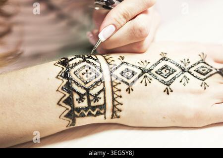 Giovane donna mehendi artista dipingendo henna sulla mano Foto Stock