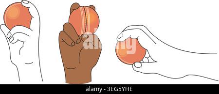 Set di impugnature per bowling a cricket. Posizioni professionali della palla in pelle rossa. Rappresentazione dell'atleta della diversità. Illustrazione vettoriale minimalista. Li isolati Illustrazione Vettoriale