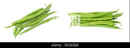 Una foto professionale in studio con due gruppi di fagioli verdi vivaci, mostrati da una prospettiva dall'alto verso il basso e perfettamente isolati su uno sfondo bianco Foto Stock
