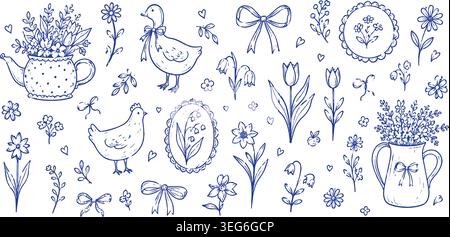 Set Vector vintage Cottagecore Blue Ink Doodle Illustrazione Vettoriale