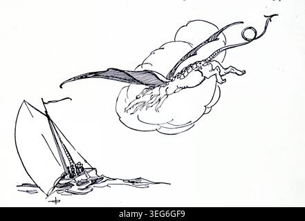 The Four Clever Brothers - bestia alata mitologica che vola sopra una piccola barca a vela che naviga in acque scoscese, creando un senso di avventura e una classica illustrazione da favola. Illustrato da Alexander Popini dal libro delle fiabe; favole preferite di Clifton Johnson, 1865-1940 data di pubblicazione 1912 Foto Stock