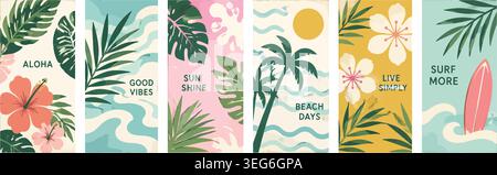 Storie minimaliste sui social media e set di modelli di banner verticali per l'estate tropicale Illustrazione Vettoriale