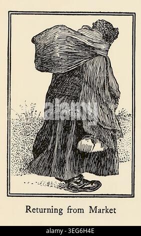 Donna che cammina all'aperto con un pesante fascio sulla schiena, che rappresenta la tradizione, la resilienza e la vita quotidiana in uno stile vintage di incisione in bianco e nero. Da ' The Land of heather' di Clifton Johnson, 1865-1940 data di pubblicazione 1903 Foto Stock
